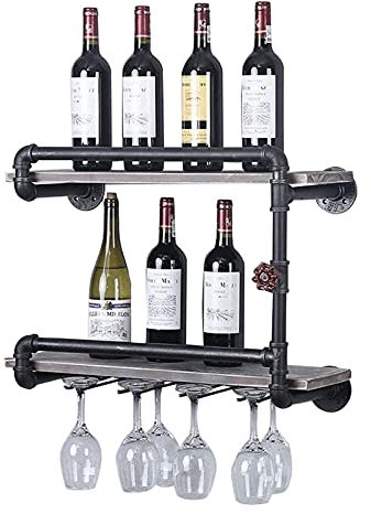 erkebspm Montierte Weinregale, 61 cm, Wandmontage, 2 Etagen, rustikaler Weinhalter aus Metall zum Aufhängen, mit 4 Stielglashaltern, Pfeifenregalen, Küche/Wohnzimmer/Zuhause, Holz-Weinregal