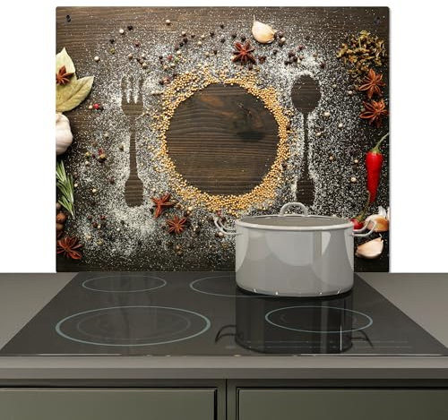 KitchenYeah© Spritzschutz Herd Küchenrückwand Vinyl 60x52 cm Küchen Zubehör Küchenwand, Herdabdeckplatten für Ceranfeld Holz - Kräuter - Besteck - Teller