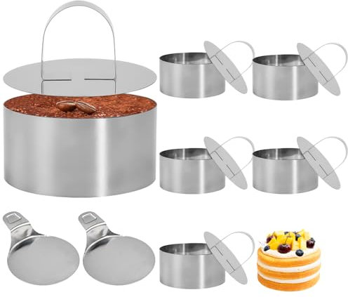 WEFHEF Set di 6 Coppapasta Tondo 8 cm, Stampini Mousse Professionale, Anelli per Mousse in Acciaio Inossidabile, per Dolci, Cheesecake, Gelato, con 6 Coperchi + 2 Spatole
