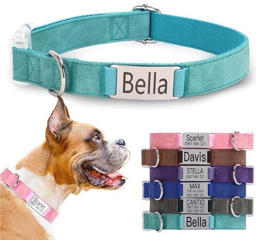 Personalised Pet Collar, Personalised Cat Collar, Personalised Dog Collars, Cat/Dog Collar with Name Plate, Engraved ID Metal Tag, Adjustable Lightweight Collar (Blue, L(40-60CM))