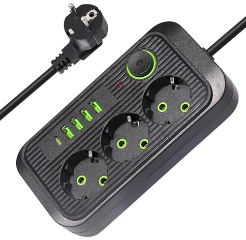 Anluomafuy Regleta 3 Tomas, Regletas Enchufes con Interruptor Individual, Regleta Enchufes USB (4 USB A+1 USB C), 10A 2500W, Proteccion Sobretension, Cable 2 m, para Hogar, Oficina, Escuela (Negro)