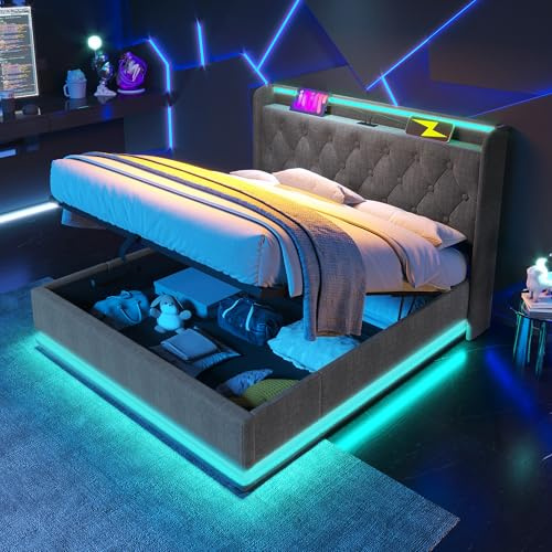 Merax Upholstered Double Bed, Ottoman Storage Bed Frame With Hydraulic Lever, 360 Surround Led Function, Charging Function, Linen Fabric, Grey/135 x 190cm(No Mattress)