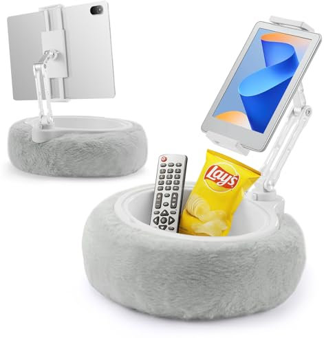 M.J COMFY-LIFE Tablet Stand with Detachable Bowl, Kindle Holder for Bed Reading, Adjustable Phone Stand for 4.7-9.8 Devices 360° Rotatable, Soft Plush Fabric Kindle Holder (Grey)