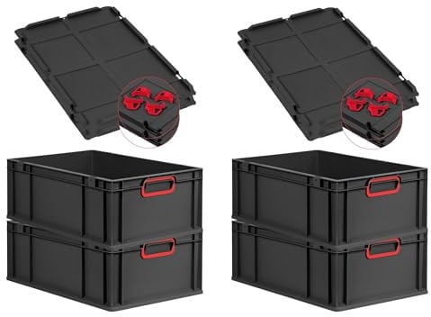 PROREGAL SuperSparSet 4x Eurobox NextGen Color mit Auflagedeckel & Schiebeschnappverschlüsse, HxBxT 22x40x60cm, 44L, Schwarz, Griffe rot geschlossen,Eurobehälter, Transportbox, Transportbehälter