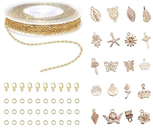 UZYXC DIY Schmuckherstellung Set Gold, 3m Gliederkette mit 20 Anhängern + 10 Karabinerhaken, Meterware für Ketten Selber Machen, Wasserdichtes Bastelset, Kreatives Geschenk mit Perlen und Verschlüssen