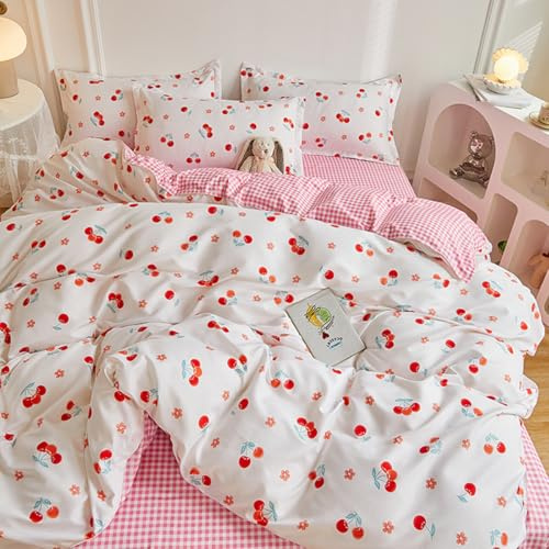 Nesture Bettwäsche 200x200 Mädchen Weiß Rot Kirsche, Kinder Bettwäsche-Sets Microfaser Bettbezug 200 x 200cm 3teilig bügelfrei & weich - 1 Wendebettwäsche und 2 Kissenbezug 80x80 mit Reißverschluss