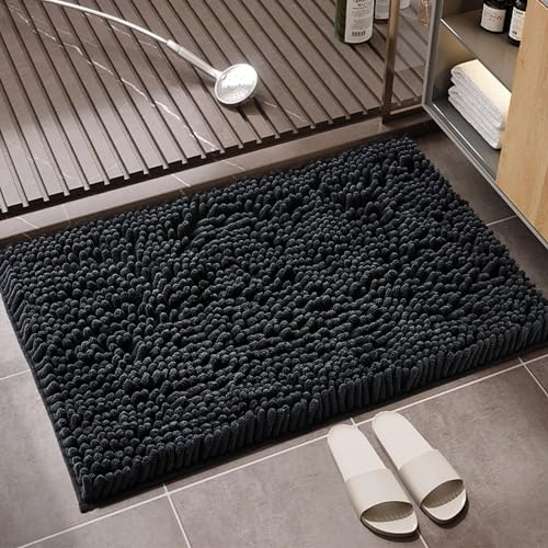 GC GAVENO CAVAILIA Faux Fur Black Bath Mat 1Piece | Bathroom Mat Fluffy Rug Large Bath Mat Non Slip 50 x 80cm | Super Absorbent & Quick Dry Thick Shaggy Bathmat Extra Soft Pedestal Mats
