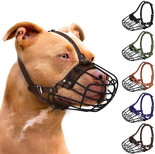 Pitbull Maulkorb für Hunde, atmungsaktiv, Metallkorb für große Hunde, Amstaff Staffordshire Terrier, sichere Drahtmaske, verstellbar, langlebig, Lederriemen, Beißen, Kauen, Bellen (Dunkelbraun)