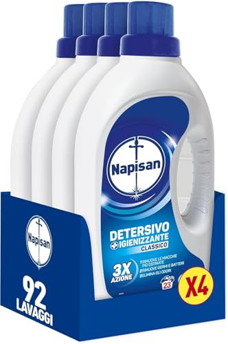 Napisan Detersivo Lavatrice Liquido, Detersivo Igienizzante, Classico 3x azione, Lavaggi, Nessun Colore, 1.15 l, Senza Profumazione. da 23 lavaggi (Confezione da 4)