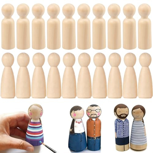 LIULINY 20 Stk Holzfiguren Zum Bemalen, 90 mm Lackierbar Holzfiguren Groß | Blank Holzkegel Figuren (10*Männlich +10*Weiblich), Holz Figuren DIY Und Basteln für Weihnachten Hochzeit
