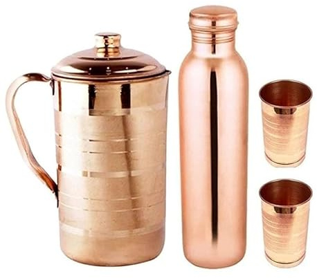 AZMIQ Pure Copper Water Bottle & Jug Set with 2 Glasses, 920ml Bottle & 1100ml Jug, Handmade Copper Drinkware Set, Ayurvedic Water Storage & Serving Set for Home, Kitchen & Yoga
