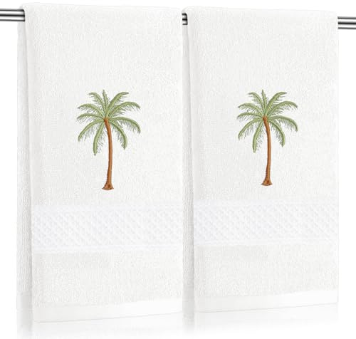 SmoothNovelty 2 Pcs Palm Tree Hand Towels White-Green Bathroom Decor 14x29 Inch Embroidered 100% Cotton Soft Absorbent Spring Summer Decorative Hand Towels for Bathroom Kitchen