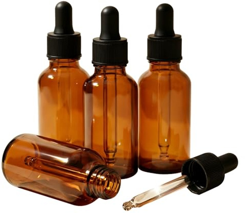 MRXBN Set of 4 Glass Dropper Bottles (1 oz) Leakproof 30ml Amber Glass Tincture Bottles for Essential Oils, Beauty, or Health Storage and Travel