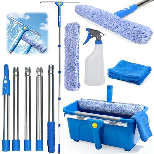 ddLUCK Limpia Cristales de Ventanas, Equipo Kit con Cubo Window Cleaner | Limpiacristales Telescopico con Mango 2m, Silicona Rasqueta, Botella, Microfibra Estropajo, Paño, Limpiador de Hogar Ducha