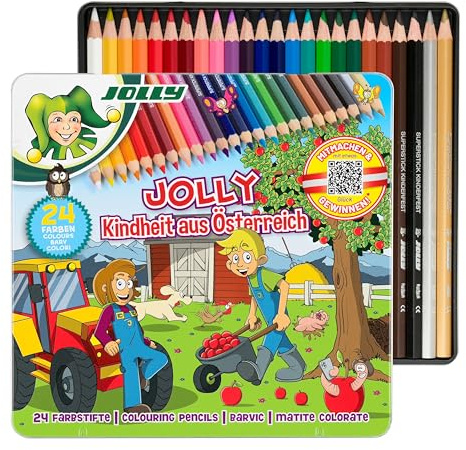 JOLLY Buntstifte Supersticks, Kindheit aus Österreich Edition Biobauer, 24er-Metalletui, Bruchfeste & ungiftige Farbstifte, 24 Farben