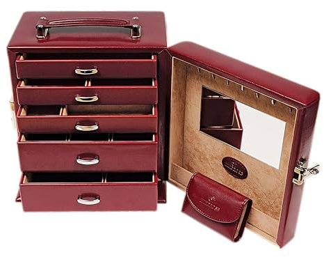 Windrose Merino Schmuckkoffer 5 Etagen plus Etui 24 cm rot