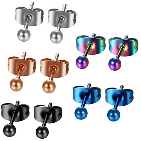 JewelryWe 5 Paar Kugel Ohrstecker Set: 3mm Edelstahl Kugelohrringe Perlen Gestüt Ohrringe Klassische Kleine Kugelohrstecker Hypoallergene Unisex Ohrschmuck Schwarz Silber Rosegold Blau Farbig