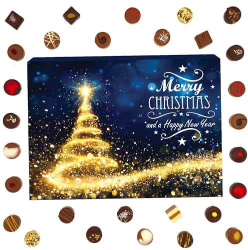 Hallingers Glitzertanne - Adventskalender Pralinen Geschenk handmade teils mit Alkohol aus Edelkakao Schokolade (Box) - Geschenk im Sommer & als perfektes Grillgeschenk | Glückwunsch Chanukka Freundsc