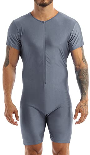 Freebily Herren Body Kurzarm Overall mit Reißverschluss Elastisches Sportbody Jumpsuit Tanz Training Bodysuit Turnanzug Ganzanzug