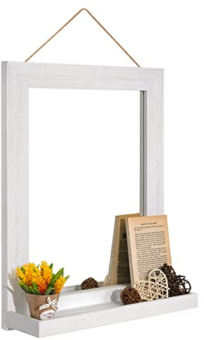 Emfogo Wandspiegel mit Regal, 50,8 x 40,6 cm, Bauernhaus-Dekor, Wandspiegel zum Aufhängen für Badezimmer, Waschtisch, Schlafzimmer, Eingangsbereich, Wohnzimmer (verwittertes Weiß)