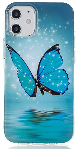 DasKAn Leuchtend Silikon Hülle für iPhone 12 Mini 5,4' Fluoreszierend Licht im Dunkeln Bunt Muster Ultra Dünn Weich Gummi Rückseite Handy Tasche Stoßfest Gel TPU Schutzhülle, Blau Schmetterling