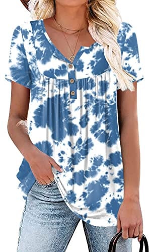 POPYOUNG Women Tunic for Leggings Ladies Henley Shirts Short Sleeve Tops Summer Blouse M, Colorful Blue