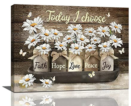 Leinwandbild, Gänseblümchen, weiße Gänseblümchen, Schmetterling, Blumen, Wanddekoration, Zitate Today I Choose Faith Hope Love Peace Joy, Gemälde, Drucke, gerahmt, Kunstwerk für Badezimmer,