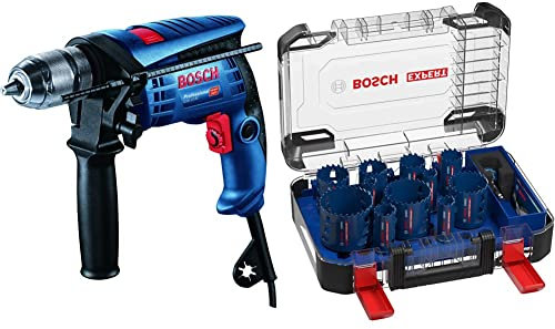 Bosch Professional Schlagbohrmaschine GSB 13 RE (Schnellspannbohrfutter 13 mm, im Karton) + 14 tlg. Expert Tough Material Lochsäge Set (für Holz mit Metall, Ø 20-76 mm, Zubehör)