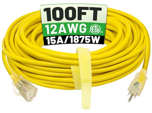 POWGRN Cable de extensión para exteriores de 100 pies, 12/3, impermeable, resistente, con extremo indicador iluminado, calibre 12, 3 puntas, cable de alimentación largo flexible resistente al frío