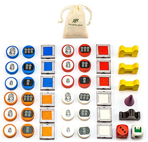 Waldfelsen® Spielfiguren aus Holz - 24 Ritter, 12 Stadtmauern, 3 Metropolen, 2 Sonderwürfel, 1 Händler und 1 Barbarenschiff geeignet für die Erweiterung Städte und Ritter von Die Siedler