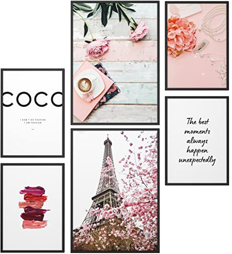 Papierschmiede® XXL Mood Poster Set Coco Girly, Gerahmte Bilder (Aluminium Rahmen, Farbe wählbar), Wohnzimmer Deko Wandbilder Schlafzimmer, 2x A2 und 4x A3, Lifestyle Glamour Schönheit Pink