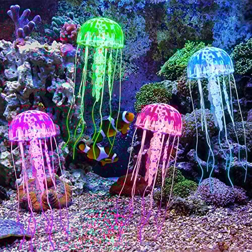 Giantree 4Pcs Glühende Qualle Fischtank Dekorationen Set, schwimmende Quallen Ornament Aquarium Dekoration Simulation Silikon Wasserorganismen für Aquarium Fisch Tank Glow Ornament