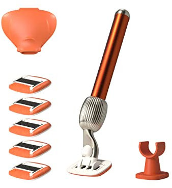 Fler The Razor Shave Set – Damenrasierer mit Austauschbaren Rasierköpfen, Rasierer mit Halterung, 6 Ersatzklingen und Schutzhülle, Unisex-Rasierer, Rasierklingen mit Aloe Vera, Vitamin E (Orange)
