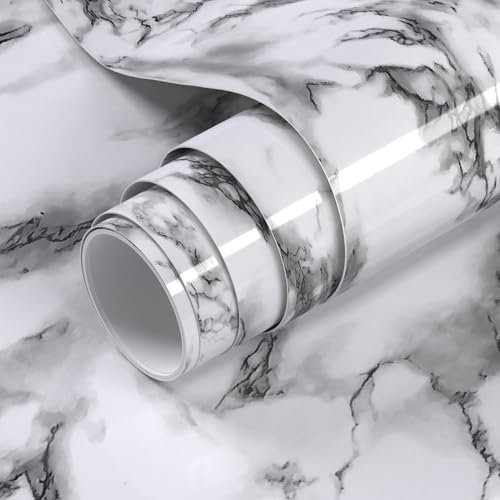 VOLEAAR 90CM x 500CM Glossy Black and White Marble Contact Paper Peel and Stick Wallpaper Vinyl Film Self Adhesive Removable Waterproof Wall Paper for Cabinet Countertop Kitchen Bathroom