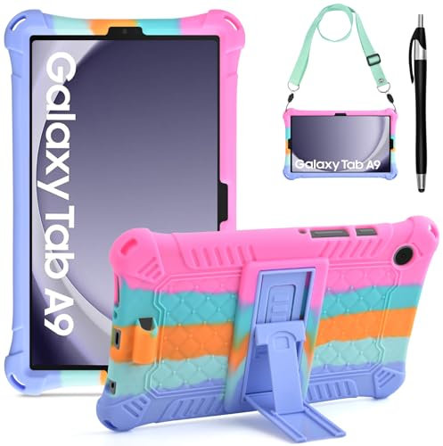 KATUMO Silikon Kinder Hülle für Samsung Galaxy Tab A9 2023 8,7 Zoll (SM-X110/X115/X117) Schutzhülle mit Schultergurt und Stylus Pen Kinderfreundliche Bunt Cover Case für Samsung Galaxy Tablet A9 8,7.