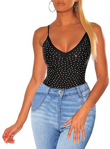 MAYFASEY Damen Strass Ärmellos Durchsichtige Tops Sexy V Hals Mesh Bluse T-Shirt, Schwarz, S