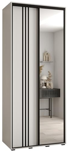 MEBLE KRYSPOL Davos 7 100 Schlafzimmerschrank mit Zwei Schiebetüren - Moderner Aufbewahrungsschrank mit Spiegel, Kleiderstange und Regalen - 235,2x100x45 cm - Weiß Weiß Schwarz