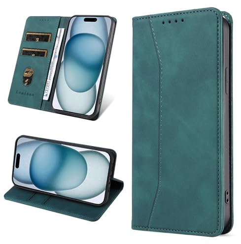 Leaisan Handyhülle für iPhone 15 Hülle Premium Leder Flip Klappbare Stoßfeste Magnetische [Standfunktion] [Kartenfächern] Schutzhülle für iPhone 15 5G (6,1 Zoll) Tasche - Malachitgrün