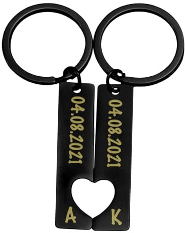 Partner Schlüsselanhänger Personalisiert | 2er Set mit Gravur Datum und Namen | Geschenk zum Jahrestag Valentinstag Geburtstag für ihn und sie | Anhänger mit Herz Männer und Frauen | Schwarz