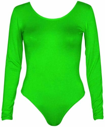 FAIRY TRENDZ LTD Stretch-Body für Damen, langärmelig, einfarbig, U-Ausschnitt, Gymnastikanzug, Oberteil, T-Shirt, neon green, 8-10
