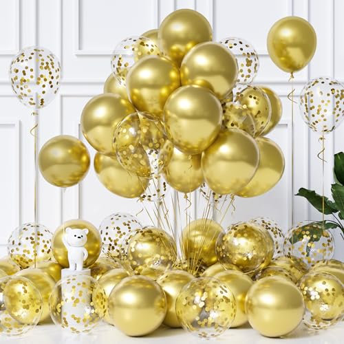 Balloon Dance Gold Metallic Chrome Balloons, 50Pcs 12Inch With Confetti for Helium Birthday Graduation Anniversary Wedding Party Carnival Celebration Decorations