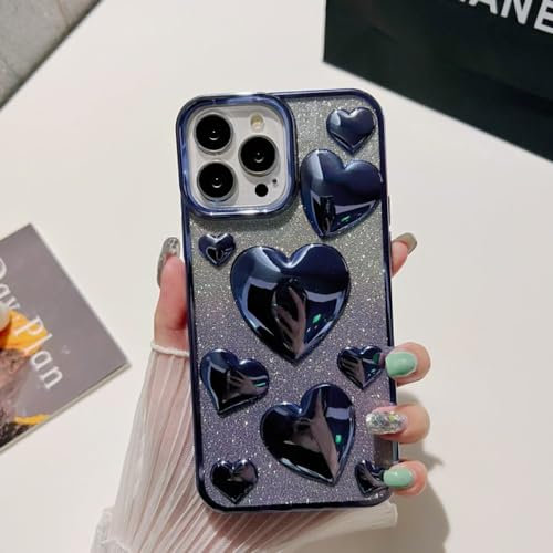 ORBANA Glitzernde Handyhülle mit Liebesherzen für iPhone 11, 12, 13, 14 Pro Max, abnehmbare Glitzerfolie, transparentes Silikon, stoßfeste Rückseite, blau, für iPhone 14