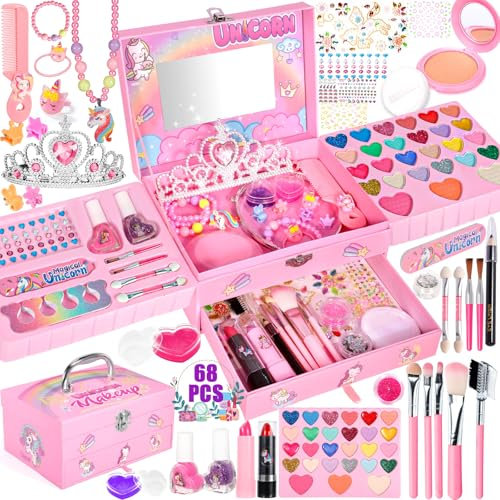 NEMMXUB Maquillage Enfant Jouet Filles, 68 Pcs Kit de Maquillage Enfant Fille, Jouets Cosmétiques Sûr et Non Toxique Lavable Coffret Maquillage Enfant Filles Cadeau de Noël Anniversaire Fille 5+ Ans