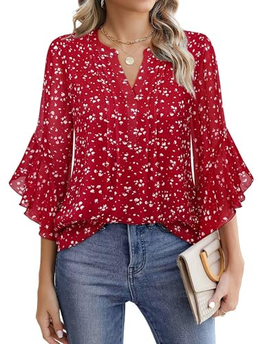 Timeson Blusas de Manga 3/4 para Mujer, Elegantes, Informales, para Negocios, Trabajo, Camisas de Oficina, Rojo, (Spotted Red), Large