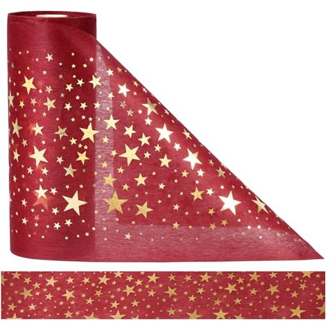 Anstore Vlies Tischläufer, Tischband Burgunderrot, 23 cm x 30 m Dekoratives Tischband Rot mit Sterne Gold, Edle Tischdeko für Geburtstage & Hochzeiten, Bunte Dekoration
