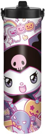 HOOKTA Kuromi Botella de agua de acero inoxidable de 590 ml con mango, botellas de agua deportivas para gatito con pajita, a prueba de fugas, taza reutilizable (manos felices altas)