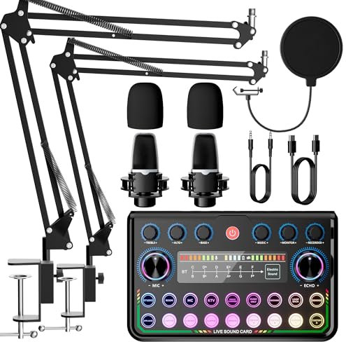 SINWE Podcast Equipment Bundle for 2,Audio Interface with Podcast Microphone for Smartphone & PC,All-in-One DJ Mixer,Plug-and-Play,Perfect for Streaming, Singing, YouTube & Gaming