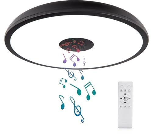 AIHONKON Schwarze wasserdichte LED Deckenleuchte, mit Bluetooth Lautsprecher,28 Zentimeter,18 Watt,2700K-6500K dimmbare Musiklampe, RGB Farbwechsel Licht mit Fernbedienung, für Badezimmer,Schlafzimmer