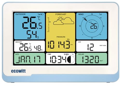 ECOWITT Konsole WS3820_C für Wetterstationen, 7,5 Zoll drahtloses Farb-LCD-Display für Zuhause, Eingebaute 3 in 1 Sensoren für den Innenbereich, Kopplung mit WS69/WS90/WS85, Wetterassistent