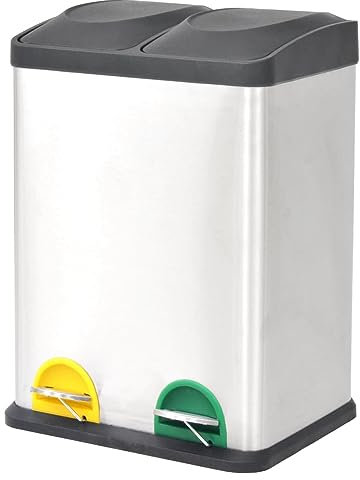 Sufrk Poubelle à pédale de recyclage en acier inoxydable 36 L avec couvercle de verrouillage, couvercle à fermeture douce silencieuse, roues intégrées, couvercle qui reste ouvert